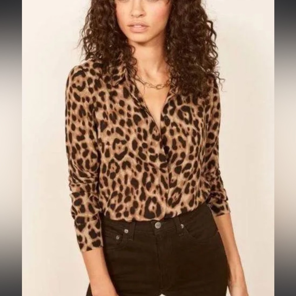 Reformation Violet Leopard Print Button-Down Long Sleeve Blouse